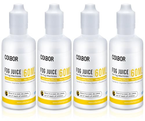 COLBOR Nebelfluid mit hoher Dichte 60 ml*4, Nebelflüssigkeitsset für COLBOR Nebelmaschine CF5/CF3 Geruchloses, Pflanzliches Glycerin, für Partys, Bars, Ausstellungen, Bühnen, Halloween