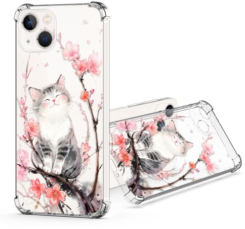 JRIANY für iPhone 13 Durchsichtig Hülle, Transparent Weich Dünn TPU Silikon Handyhülle mit Bunt Blumen Muster Motiv Stoßfest Kratzfest Kameraschutz Schutzhülle Slim Clear Klar Case Cover - Katze
