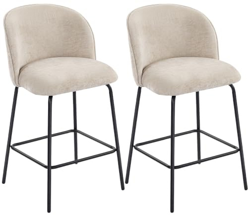 HOMCOM Barhocker 2er Set Barstuhl mit Fußstütze Sitzhöhe 68 cm, Beige | Tresenhocker, Küchenstühle mit Stahlgestell, Lehne, Chenille-Optik, Loungesessel, Küche Wohnzimmer Esszimmer