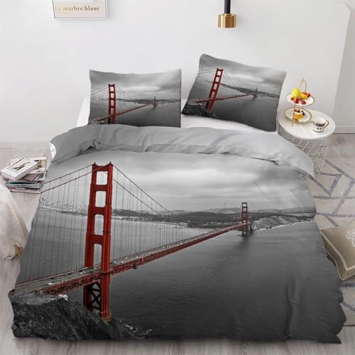 Buohwiwe Bettwäsche 155x220 Golden Gate Bridge, USA Bettbezug 155 x 220 cm 3 Teilig Wendebettwäsche 3D Architektur Weich Mikrofaser Bettwäsche-Sets mit Reißverschluss und 2 Kissenbezüge a.3427