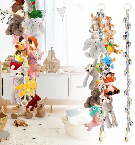 2 Stück Aufbewahrung Kuscheltiere 2m – mit 40 Clips & 2 Holzringen | Kuscheltier Organizer,Stofftier Hängematte,Robustes Baumwollseil, Verschleißfest, Horizontal/Vertikal Aufhängbar