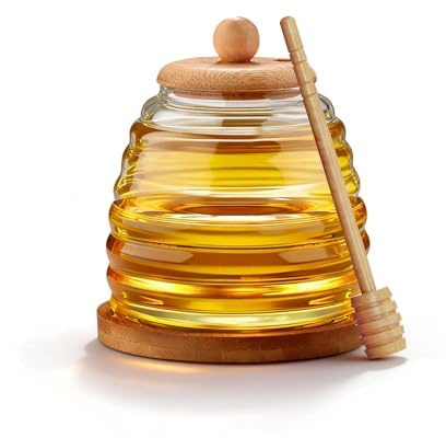 Verre à miel 500 ml avec cuillère, pot à miel en verre avec couvercle en bois, distributeur de miel sans fuites et scellé, verre de conservation à large col pour miel – idéal pour la cuisine, le petit