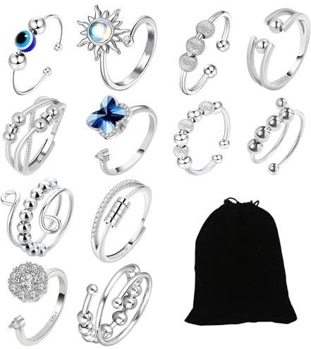 12 Stück Anti Stress Ring Verstellbare Anxiety Ring Zur Linderung Von Stress Und Angstzuständen Unisex Inklusive Schwarzem Samtbeutel