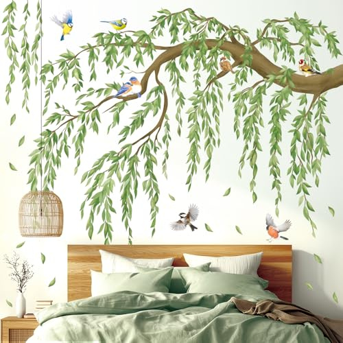 DECOWALL Large Tree Branch Wall Stickers Birds and Green Leaves (SG4-2521) | Four 30 × 90 cm sheets; peel and stick, removable botanical decor for bedroom, living room, office or reading corner