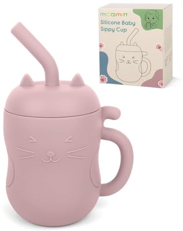 MCGMITT Baby Trinkbecher ab 6 Monate, 100% Silikon Trinklernbecher 2in1 Katze mit Strohhalm & offenem Trinkbecher, Auslaufsicher Kinderbecher mit abnehmbarem Deckel, BPA-frei, 150 ml / 5 oz, Hellrosa