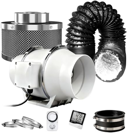 Cannobox Rohrventilator 100mm Set Abluftset mit Abluftventilator 220 m³/h, Aktivkohlefilter,3M PVC Abluftschlauch,Hygrometer,Zeitschaltuhr,Gummikupplung,3 Rohrschellen für Indoor Growzelt Hydrokultur