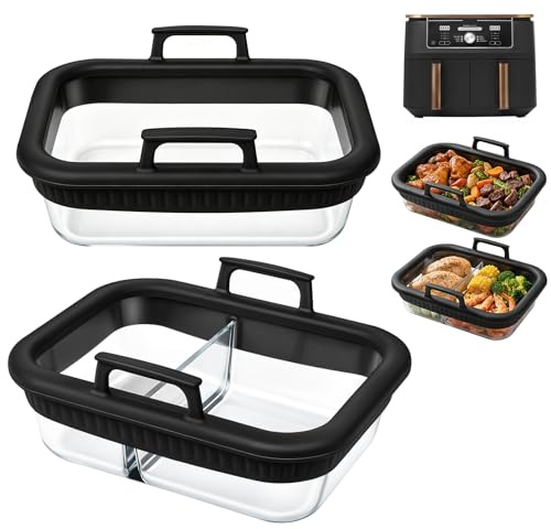2 Stück Glas Auflaufform Airfryer Zubehör für Ninja AF400EU/AF500EU/DZ400EU, Airfryer Glasbehälter Hitzebeständig Spülmaschinenfest,Herausnehmbarer Silikonring Auflaufform für Heißluftfritteuse