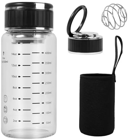 Kireida Protein Shaker Vetro 500ml Con Coperchio E Manico, Bocca Larga Sport Nutrition Shaker Con Misurini, Per Miscele Proteiche, Frullati, Tè Freddo, Latte, Caffè