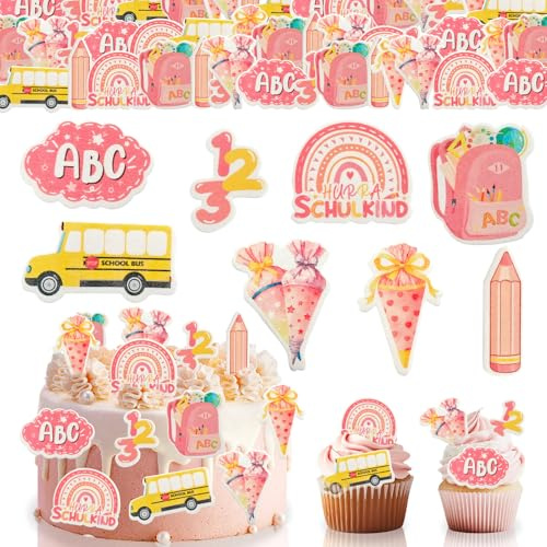 GoldRock Essbare Tortendeko Einschulung Mädchen,48× Kuchen Deko Einschulung, Rosa Tortendeko Essbar Schulanfang, Zuckertüte ABC Cake Topper Schulkind 2026,Esspapier Schuleinführung Cupcake Muffin Deko