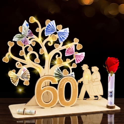 Holz Diamantene Hochzeit Geschenke,60 Jahre Diamantene Hochzeit Deko Geldgeschenk,600 Frohes Jubiläum mit Herzbaum & LED Lichterkette,Geschenkidee zum 60. Hochzeitstag für Frau Mann Paare