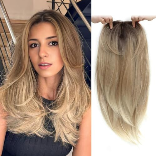 Ms Taj haarteile für dünnes haar,45cm 3 Tone Blonde haartopper natürlich geschichtet Clip-in-Haarteil für mehr Haarvolumen synthetische Haa Haarteil mit Pony