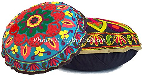 Stylo Culture Indisch Dekorativ Rund Bodenkissenbezug 45x45 cm Klein Bodensitzkissen Traditionell Mehrfarbig Boho Sujani Bestickt Sitzsack Bodenkissen Baumwolle Blumen Rundkissen Kinder
