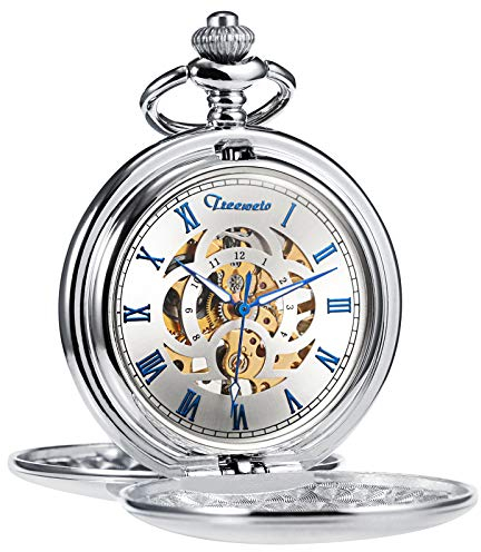 TREEWETO Taschenuhr Unisex Taschenuhr mit Kette Analog Mechanisch Handaufzug Doppelscharnier Antik Römische - Silber Blau