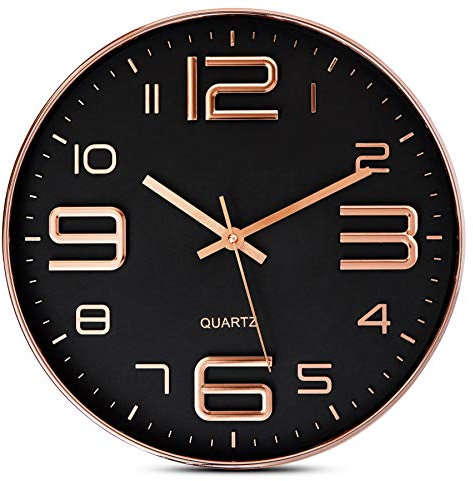 Bernhard Products Orologio da parete nero, 30,5 cm, colore oro rosa, silenzioso, senza ticchettio, funzionamento a batteria, facile da leggere, design decorativo moderno per casa/ufficio/cucina/camera