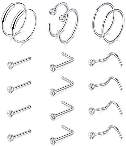 Mayhoop 20G Nasenpiercing Nasenringe Nasenstecker Edelstahl Silber 18stk L-förmiger Nasenschrauben-Nasenstift mit CZ-Top-Nasenpiercingschmuck für Frauen-Männer