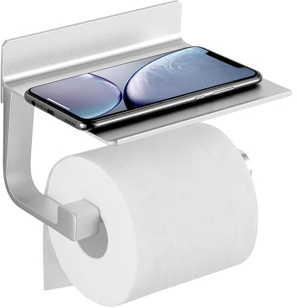 Soporte de Papel higiénico con Estante, Soporte Adhesivo montado en la Pared para baño, Soporte para Rollo de pañuelos con Estante de Almacenamiento para teléfono, Soporte de Acero Inoxidable