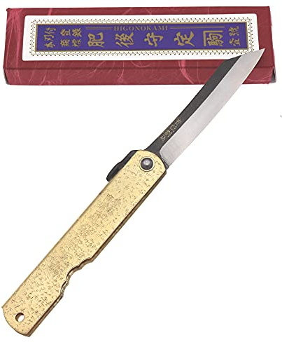 HIGO NO KAMI Couteau de Poche Pliant Artisanal Japonais Higonokami Hikari Couteau Estampillé Fait Main au Japon par Nagao Kanekoma Acier Bleu à Haute Teneur en Carbone HRC 62
