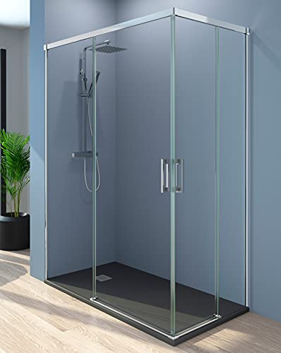 Mampara de Ducha Rectangular Angular Corredera | Mampara Cuadrada Cabina Ducha | 2 hojas Fijas + 2 Puertas Correderas | Cristal 6mm Antical y 195cm de Altura | Transparente (Frente100+Lateral70)