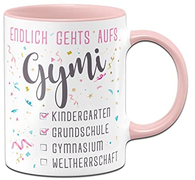 Tassenbrennerei Original Tasse Endlich gehts aufs Gymi - Geschenk zum Schulwechsel 5. Klasse Gymnasium - Einschulung weiterführende Schule (Rosa)