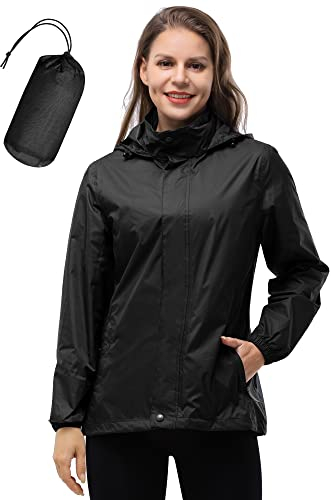 33,000ft Veste de pluie légère à capuche respirante et pliable pour femme - Coupe-vent actif avec capuche dissimulée pour le cyclisme et la randonnée, Noir , 38