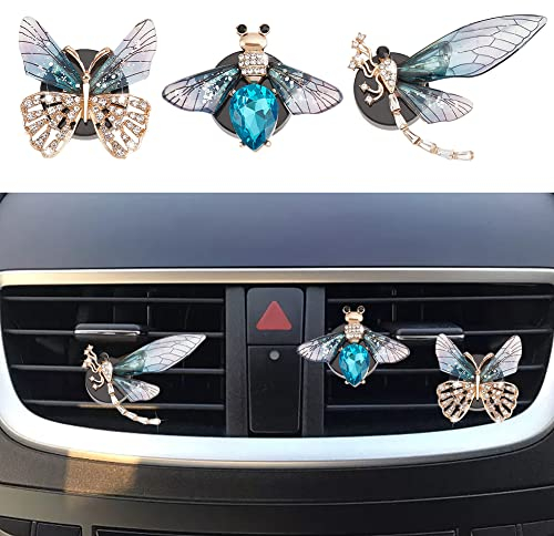 WEBEEDY 3 Stück Auto Strass Lufterfrischer Zubehör Auto Parfüm Zubehör Car Air Entlüftungsclip Luftfrischer Schmetterling, Biene, Libelle, Lüftungsclip Innenraum Auto Dekoration