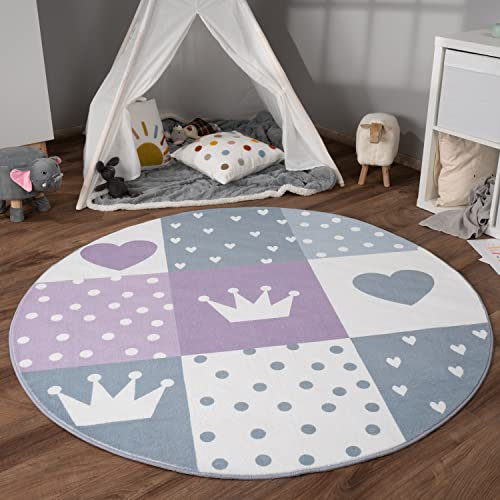 Paco Home Teppich Kinderzimmer Kinderteppich Spielteppich Kurzflor rutschfest Krone Herzen Punkte Sonne Regenbogen Buchstaben, Grösse:160 cm Rund, Farbe:Lila