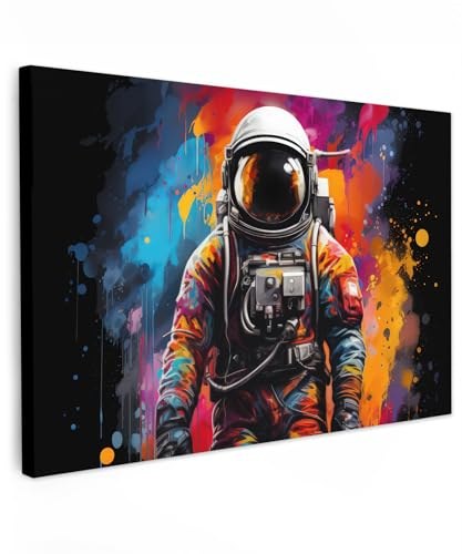 MuchoWow© Bilder Groß 120x80 cm XXL Wohnzimmer Deko Modern Wandbild Foto auf Leinwand Bild Schlafzimmer Room Decor Geschenke Banksy - Street Pop Art - Astronaut - Graffiti - Schwarz - Farben