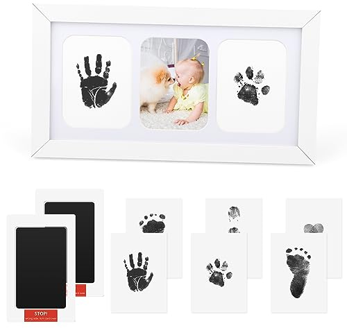 TOYESS Kit Empreinte Pieds Et Mains Bébé Pour Fille et Garcon, 1 Cadre Empreinte Bébé, 2 Encre Sans Contact Tampon et 6 Cartes D'impression, Cadeau De Naissance Original Pour Les Bébés de 0 à 6 Mois