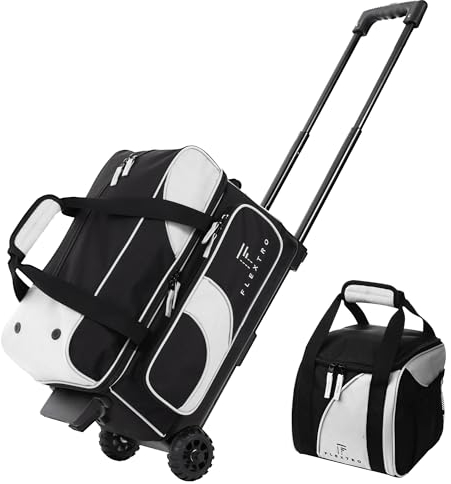 Flextro Bowlingtasche mit 2 Ballrollen plus Einzelballtasche; 2 Ball-Bowlingtasche mit Rollen, Trolley mit Fächern für Ausrüstung und Schuhe (Schwarz und Weiß)