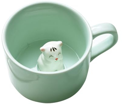 soulnioi Cute Green Mug 3D Animal Ceramic Coffee Tea Cup with Handle, Handmade Animal Figurine 230ml Ceramics Cup for Coffee,Tea,Milk, Gift for Birthdays/Graduation/Valentines/Weddings (Cat)