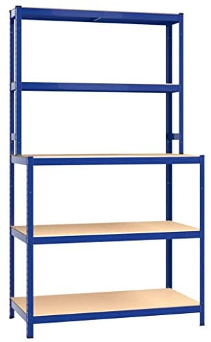 Coavain 100x50x180 cm Arbeitstisch mit 5 Höhenverstellbare Ablagen Lagerregal für Innenräume Schwerlastregal Kellerregal Garagenregal Regal Wand Dekoregal 200 kg Pro Boden Blau Verzinkter Stahl