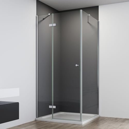 IMPTS Duschkabine 100X80cm Eckeinstieg mit Diagonalen Sicherheitsstange, Falttür mit Seitenwand Faltbar KlappbarDuschabtrennung 6mm ESG Glas Höhe 185 cm, Inkl. Duschwanne und Ablaufgarnitur