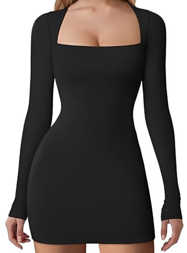 KOEMCY Vestidos de Mujer Elegante Boho Corto Casual Vestido con Cuello Cuadrado Mangas Largo Sexy de Color sólido para Invitados Boda Coctel (Negro/M)