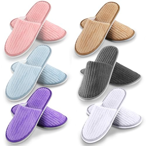 6 paia di pantofole per ospiti hotel: taglia unica 28,5 x 11 cm, pantofole spugne con chiusura, lavabili antiscivolo, tessuto non tessuto corallo, per hotel, viaggi, casa
