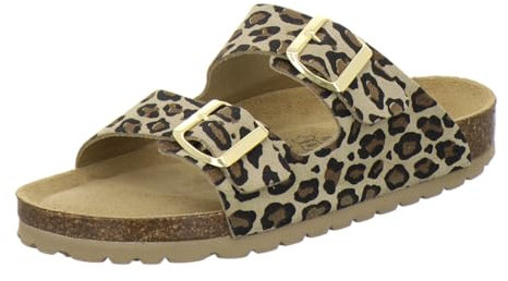 AFS-Schuhe 2100, Leder Pantoletten Damen Sommer Sandalen, flach Fußbett und Schnalle Hausschuhe (41 EU, Leo-beige)