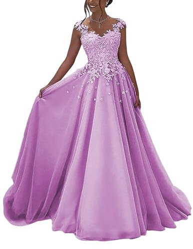 HUINI Spitzen Ballkleider Lang - Formell Abendkleid Prinzessin A-Linie Hochzeitsgast Kleid Ärmellos Festkleid Flieder 58