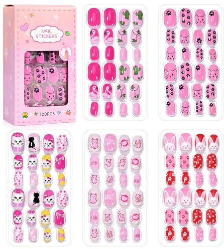 Press on Nails for Kids 120Pcs Children Acrylic Fake Nails Full Cover Artificial Nail Tips Kids Pre-glued Fake Nail Stickers for Girls Nails Art Decoration