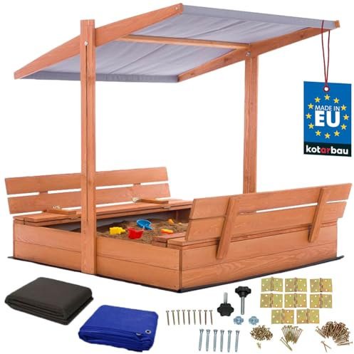 KOTARBAU® Sandkasten mit Abdeckung 120 x 120 cm Großer Braun Holzsandkasten mit Grau Dach Sandkasten mit Deckel Sandkasten mit Dach Gartenspielzeug Kinder imprägniert verschließbar mit Bänken