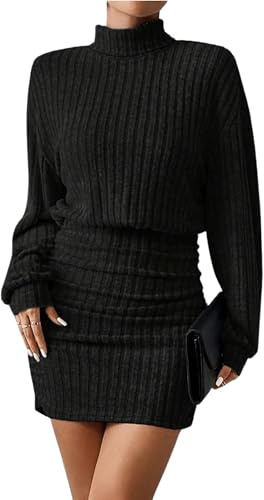 TrendiMax Women's Long Sleeve Mock Neck Winter Night Out Dresses Ribbed Knit Mini Dress