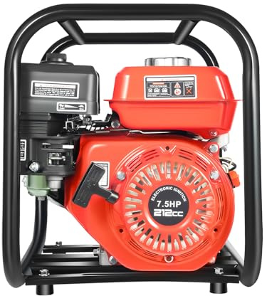 Benzin Wasserpumpe 7.5PS 212cc, Selbstansaugende Gartenpumpe mit 26m³/h, 30m Förderhöhe für Schmutzwasser, 4-Takt Benzin Wasserpumpe mit 2 Zoll Anschluss für Bewässerung und Entwässerung