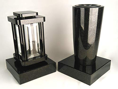 designgrab Grablampe Modern mit Vase Elegance und 2 Stück Sockel aus Granit Schwedisch Black SS1 schwarz, Grabschmuckset