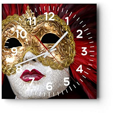 ARTTOR Moderne Wanduhr 40x40cm Quadrat Glasuhr Menschen Masken - 0437 | Venezianisch Maske Kostüm Glas Analog Wanduhr Lautlos Wanddekoration Wohnzimmer Küche Wanddeko Küchenuhr Geräuschlos ARTTOR