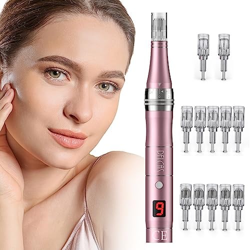 PELCAS Derma Stift 9 Stufen Elektrischer Derma Pen mit LCD-Bildschirm Microneedling Gerät inkl. 12 Nadelköpfe Aufladbares Therapiegerät Microneedle Haut Mikronadelstift für Gesicht Körper zu Hause