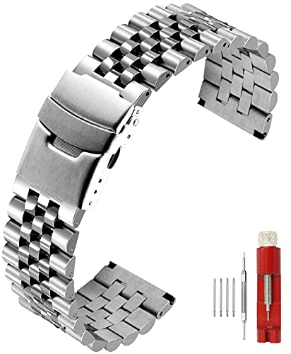 SINAIKE 22 mm Uhrenarmbänder Gebürstetes und poliertes 3D Uhrenarmband aus massivem Silber Edelstahl Jubilee Uhrenarmband mit doppelter Faltschließe