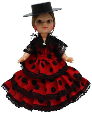 Folk Artesanía Sammelpuppe 25 cm. Andalusisches Flamenco-Regionalkleid mit Cordoba-Hut España Dolls. (Rotes Kleid mit schwarzen Tupfen)