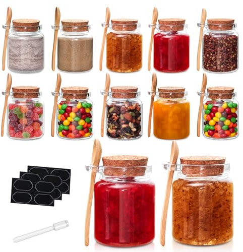 YEBODA 10oz Small Glass Storage Jars with Cork Lids and Spoons Yogurt Containers for Pantry,Bathroom,Spices,Honey,Mousse,Candy,Candle Making,Diy and Art,Dishwaresafe 12 Pack