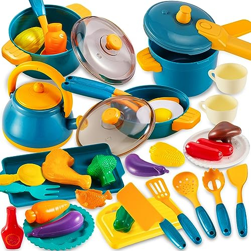 LINFUN KIDS Toy Kitchen Accessories Play Pots and Pans, Cooking Set for Children Age 3+, Pretend Role Play Food Cookware Playset Gifts for Boys Girls