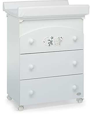 Foppapedretti Bagnetto Fasciatoio Piccoli Amici, Legno, Made in Italy, 3 Cassetti, Piano Fasciatoio Ribaltabile, Vaschetta Anatomica Estraibile, 4 ruote, Materissani Incluso, 69x47x89 cm, Bianco