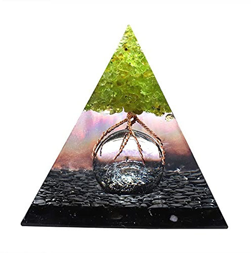 Nupuyai Obsidienne Pierres Naturelle Pyramide de Sphère d'arbre de Vie de Péridot, Pyramide Positive de Reiki Cristal, Statue Pyramidale en Résine pour Méditation et Équilibre des Chakras, 6x6x6 cm