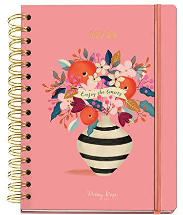 MIQUELRIUS - Kalender September 2022 Juni 2023 - Wochenansicht - Größe 15,5 x 21,3 cm - Mehrsprachig: Englisch, Spanisch, Portugiesisch, Italienisch, Französisch, Deutsch - Peony Rose - Stripes Flower